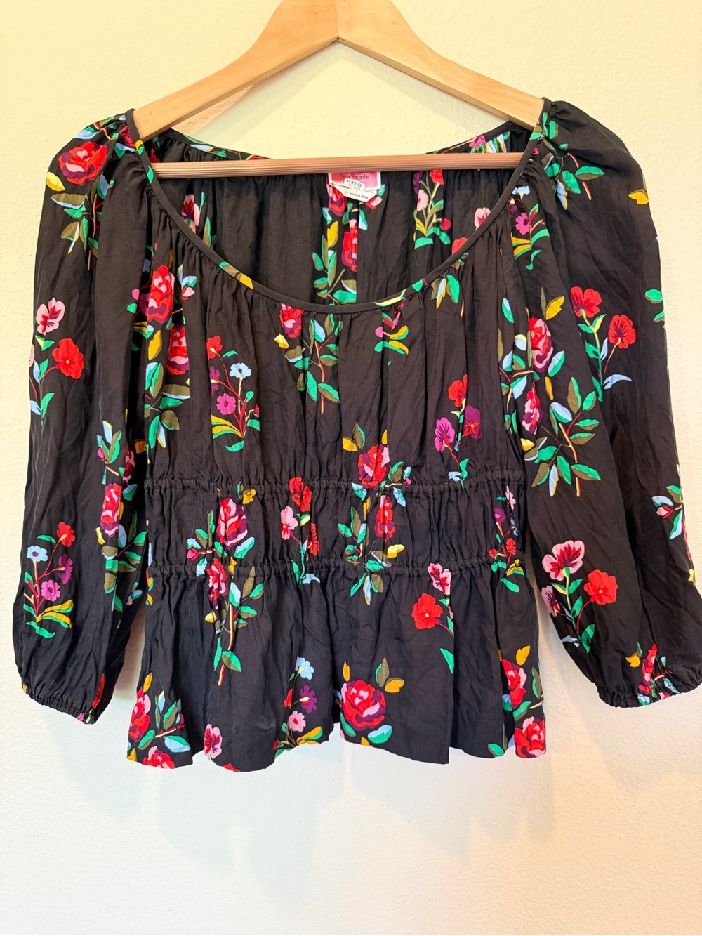 Kate Spade Black Floral Silk Peplum Blouse Size XS #0506